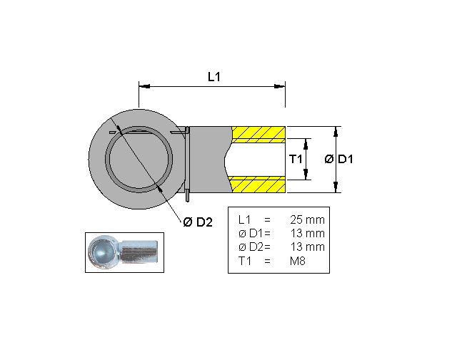 Kulhållare, Metall L=25 M8 Kulhållare, Metall L=25 M8