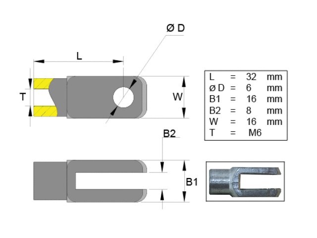 Gaffelhuvud 6mm hål L 32 M6