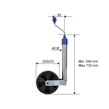 Stödhjul O48mm Plastfälg. Fullgummihjul 220x70mm. Belastning 150 Kg Stödhjul O48mm Plastfälg. Fullgummihjul 220x70mm. Belastning 150 Kg