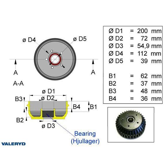VALERYD Bromstrumma 200x50 5x112 1500kg Euro compact 39mm