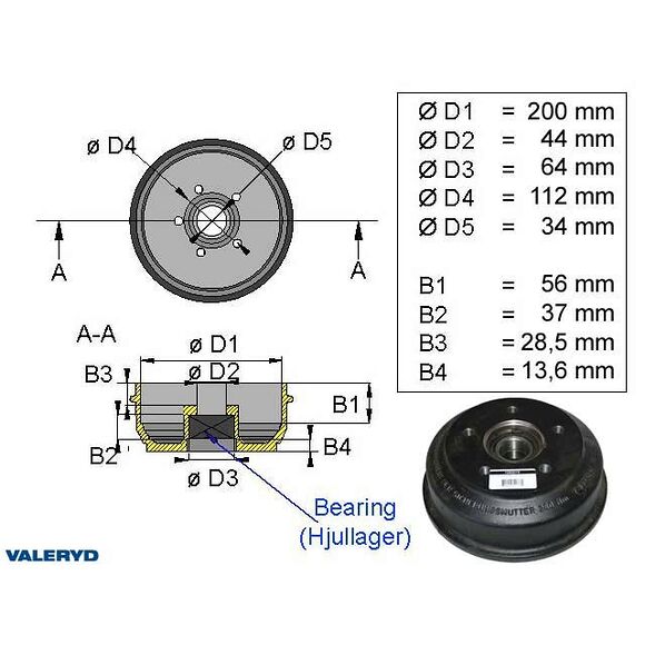VALERYD Bromstrumma 200*50 5*112 Bpw 1300 kg kompaktlager S2005-7