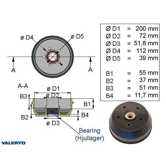 VALERYD Bromstrumma 200*50 5*112 Knott kompaktlager 39*72*37 1500 kg