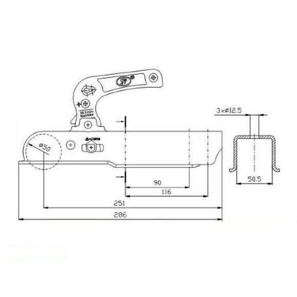 VALERYD Kulkoppling 1200 kg, Fyrkants ansl. 50mm, Vertikal hålbild Ø.. cc=90/116