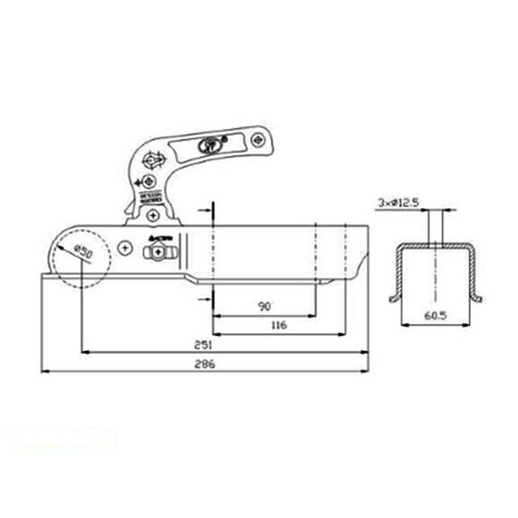 VALERYD Kulkoppling 1200 kg, Fyrkants ansl. 60mm, Vertikal hålbild CC=90/116