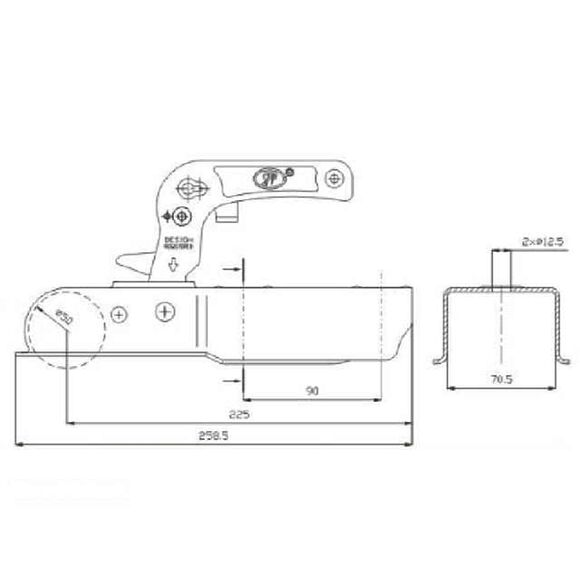 VALERYD Kulkoppling 750 kg Vertikal hålbild, Fyrkant 70mm