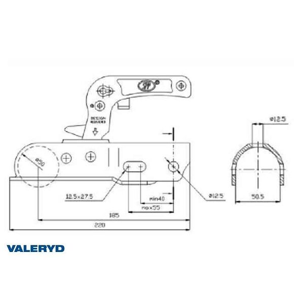 VALERYD Kulkoppling 1300 kg, Ø50mm Rör, Korsad/horisontell hålbild Ø.. 40-50 mm