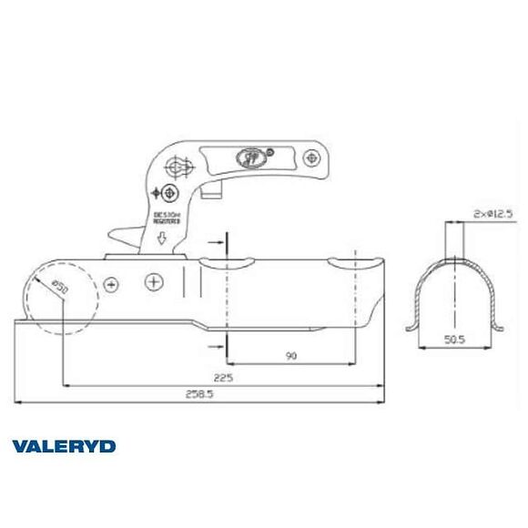VALERYD Kulkoppling 750 kg. O50mm rör. vertikal hålbild CC=90mm