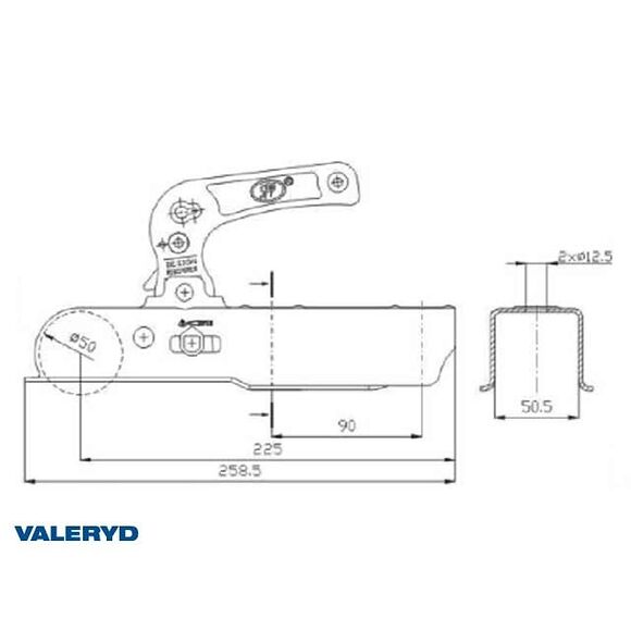 VALERYD Kulkoppling 750 kg Fyrkant 50mm, vertikal hålbild CC= 90mm