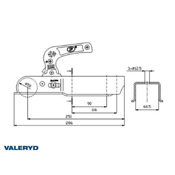 VALERYD Kulkoppling 1200 kg, Fyrkants ansl. 60mm, Vertikal hålbild CC=90/116