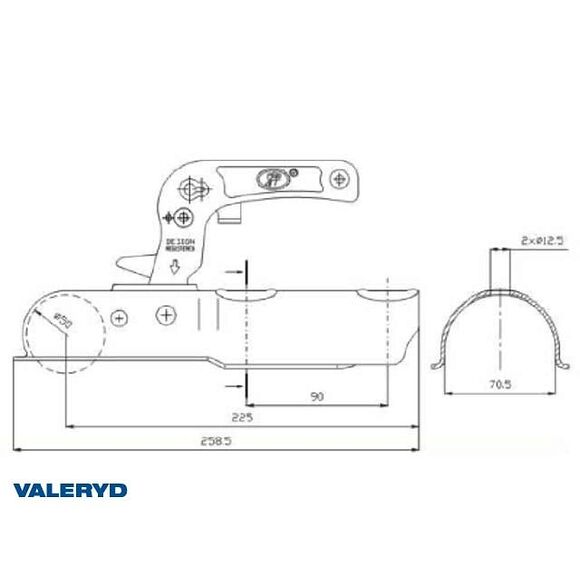 VALERYD Kulkoppling 750 kg Vertikal hålbild, Ø70mm