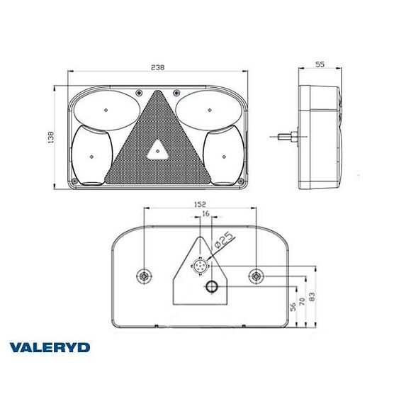 VALERYD Baklampa Vä 238x138x55 reflex, skylt- dim- och backljus. 6-pol bajonettanslutnin