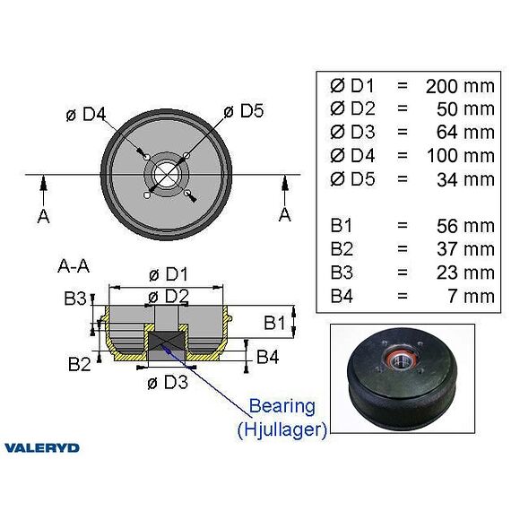 VALERYD Bromstrumma 200x50 4x100 Passar till Knott/Schlegl Kompaktlager 