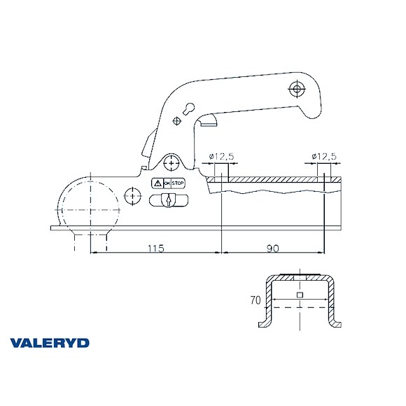 VALERYD Kulkoppling 1500 kg WW 150-VG, Fyrkant 70mm rör, Vertikal hålbild CC 90