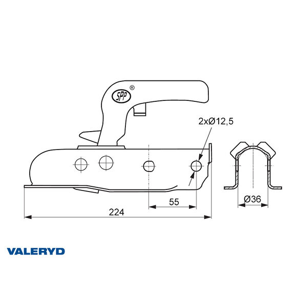 VALERYD Kulkoppling 750 kg Horisontell hålbild CC=55mm, Ø36mm