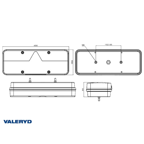 VALERYD LED Baklampa Kingpoint Vä 400x153x88mm 12-36V 6-funktionella med Skyltlykta. 2m 