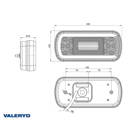 VALERYD LED Baklampa SCANDI-130 Valeryd Vä 220x100x50,5mm 12-24V  inkl 1m Kabel