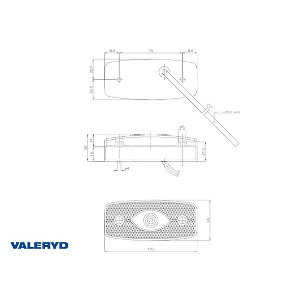 VALERYD LED Positionsljus med reflex röd Ajba 12/24V 103x45x30 mm 0,3 m kabel