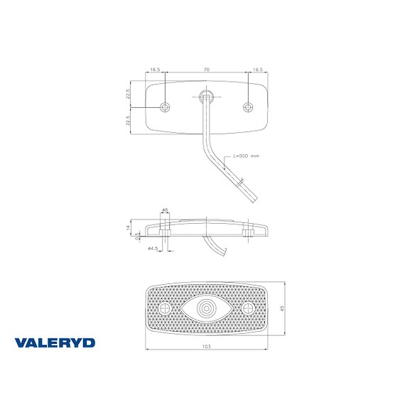 VALERYD LED Positionsljus med reflex vit Ajba 12/24 V 103x45x30 mm 0,5 m kabel