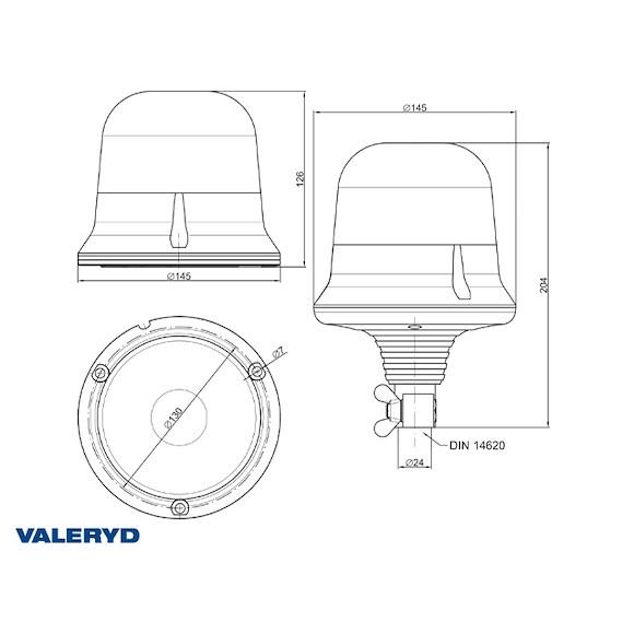 VALERYD LED Roterande varningsljus Valeryd Ø145x204mm DIN 14620 12-36V inkl. Kabel