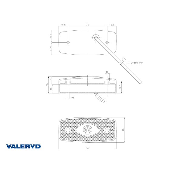 VALERYD LED Sidomarkeringsljus med reflex orange Ajba 12/24V 103x45x30 mm 0,3 m kabel