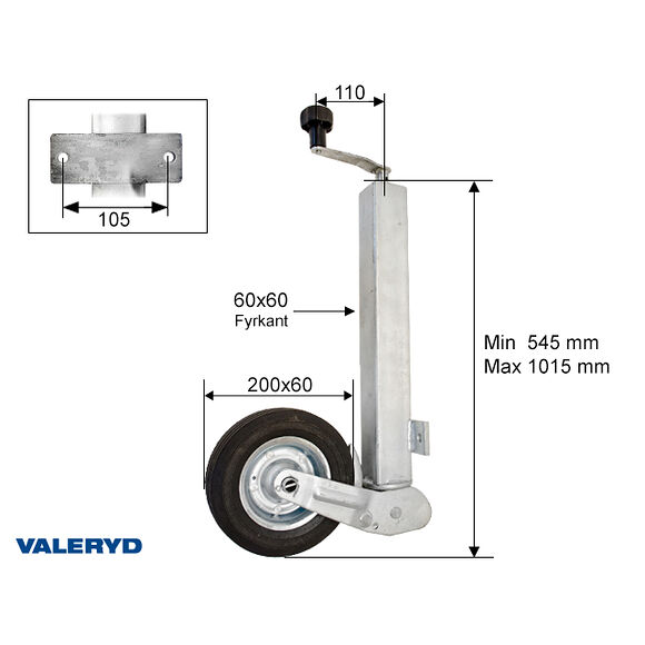 VALERYD Automatstödhjul 60mm fyrkant svetsad fläns m Stålfälg Fullgummihjul 200x60mm Bel