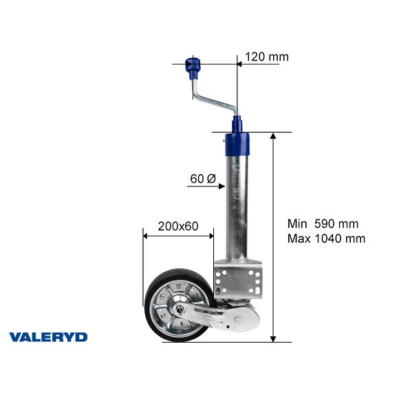 VALERYD Automatstödhjul Ø60mm rund, stålfälg, Fullgummihjul 200x60mm Belastning 500kg. F