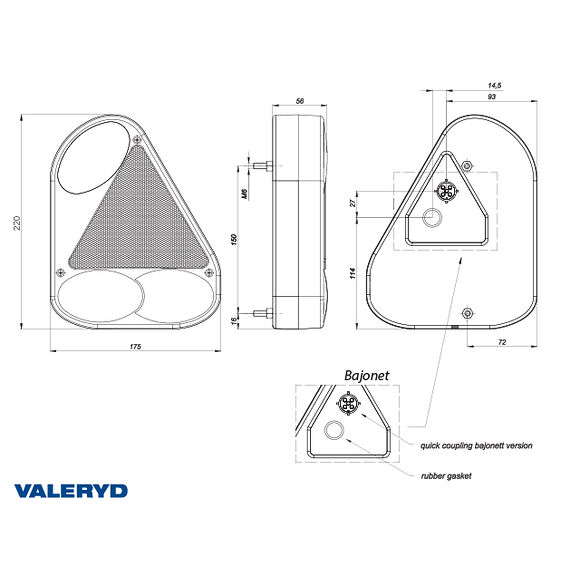 VALERYD Baklampa passar till Jokon Ear Höger L220xB175xH56 m triangelreflex och dimljus