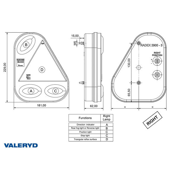 VALERYD Baklampa Radex Hö 230x180x62 med skyltbelysning och backljus. Bajonettanslutning