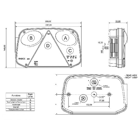 VALERYD Baklampa Radex Hö 250x145x55 med backljus. Bajonettanslutning