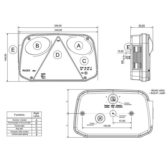 VALERYD Baklampa Radex Hö 250x145x55 med skyltbelysning och backljus. Bajonettanslutning