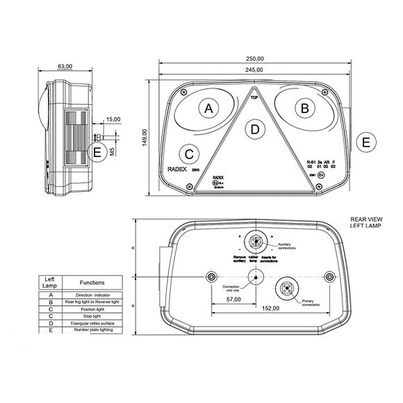 VALERYD Baklampa Radex Vä 250x145x55 med skyltbelysning och dimljus