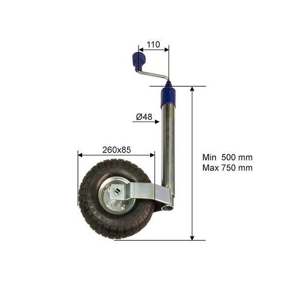 VALERYD Stödhjul 48 mm, rund med stålfälg. Luftgummihjul 260x85 mm. Belastning 136 Kg